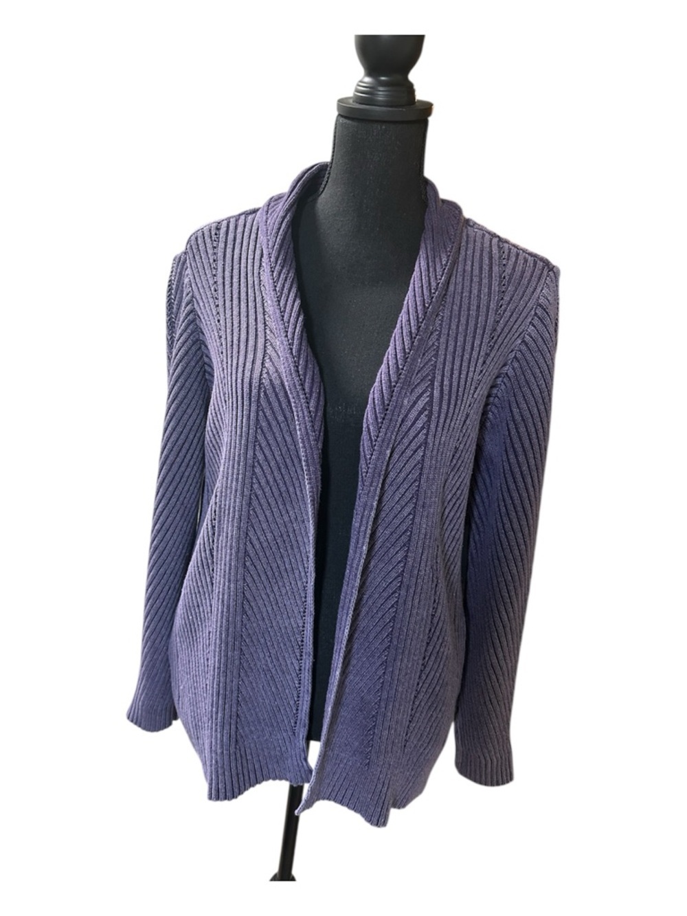 Ribbed Open-Front Shawl Collar Cardigan - Purple